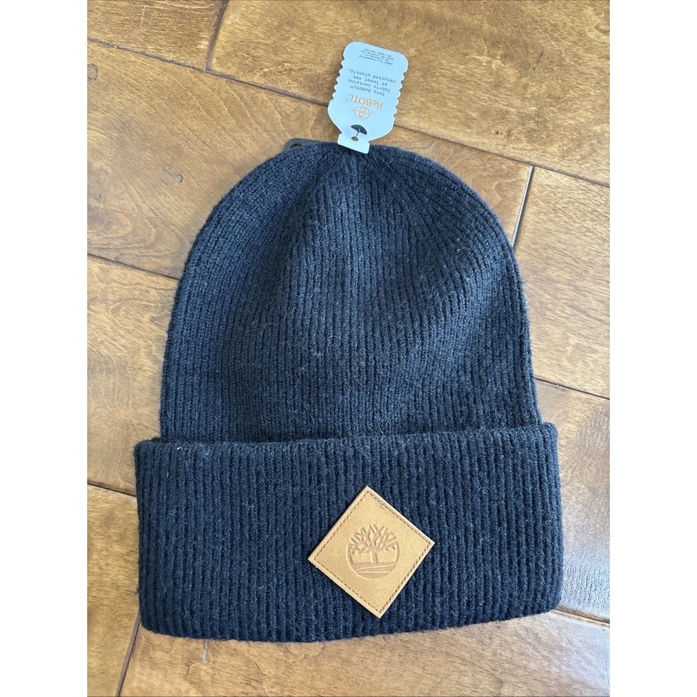 Timberland Beanie Mens Black Rib Knit Logo Hat ReBOTL One Size TB0A2PN8